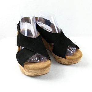 Clarks Artisan Sandals Women Size 9 Black Suede Leather Wedge Slingback Platform